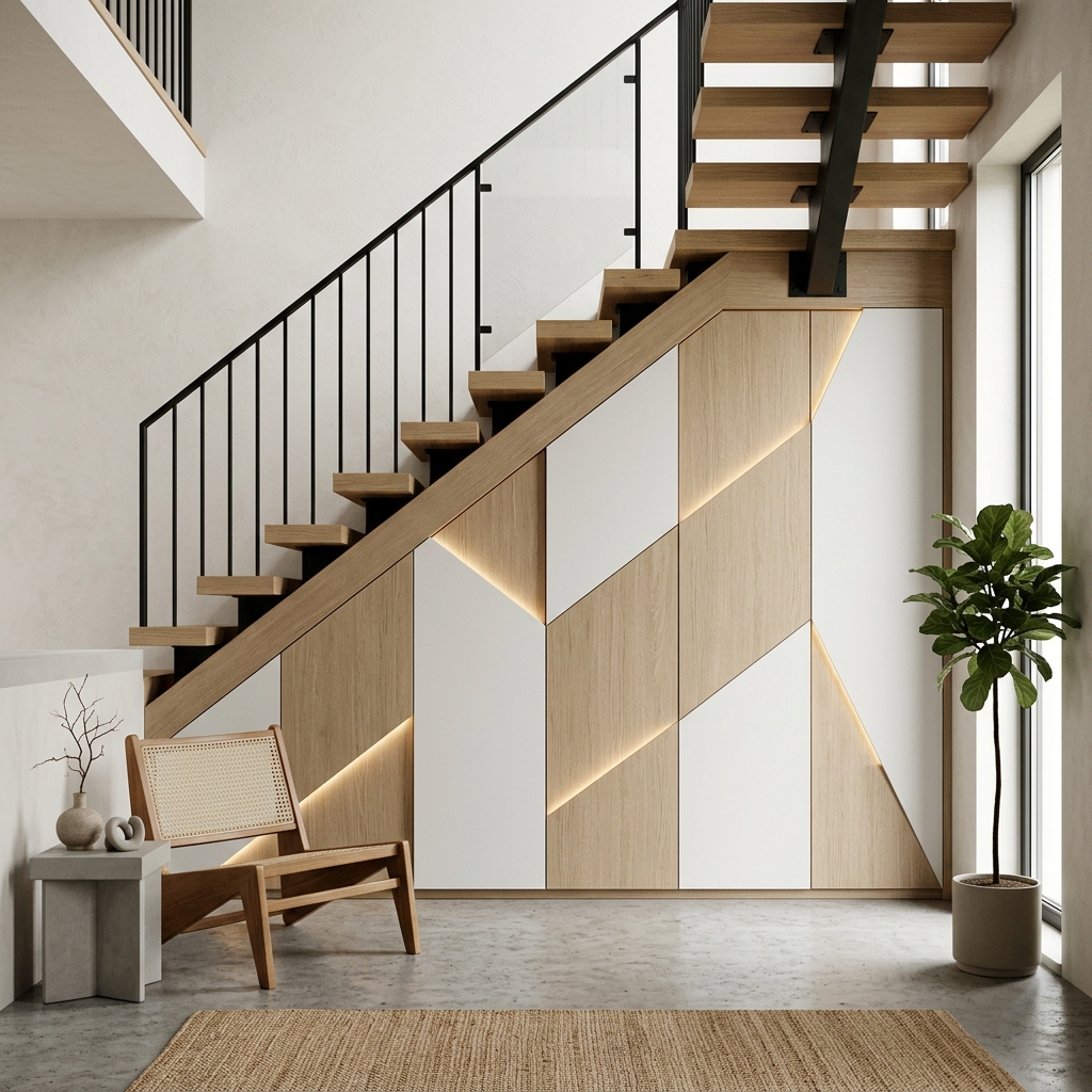 Встроенный шкаф под лестницу с LED