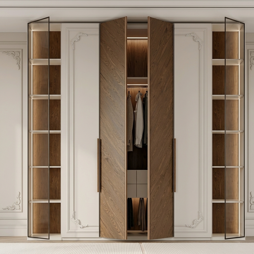 Встроенный шкаф в неоклассическом стиле с подсветкой
